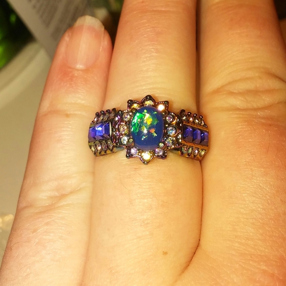 Metallic Rainbow Fire Opal Gemstone Cluster Ring 9 - Picture 10 of 14